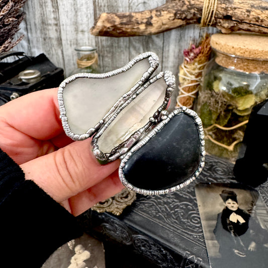 Multi Stone River Rock Clear Quartz and Sea-glass Ring In Silver Size 8.5 / Foxlark Collection