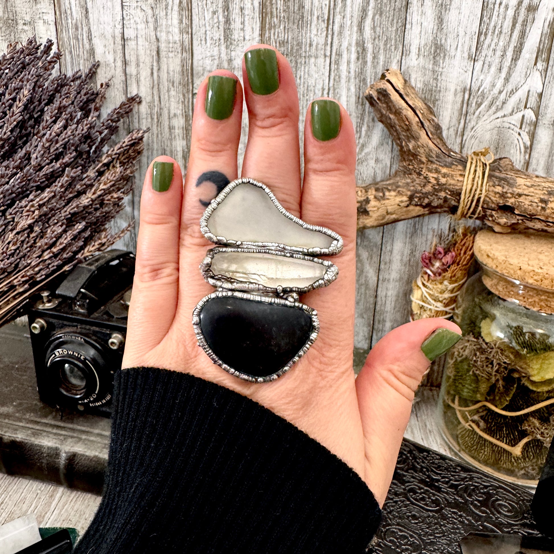 Multi Stone River Rock Clear Quartz and Sea-glass Ring In Silver Size 8.5 / Foxlark Collection FOXLARK