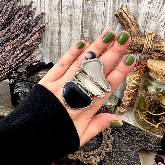 Multi Stone River Rock Clear Quartz and Sea-glass Ring In Silver Size 8.5 / Foxlark Collection