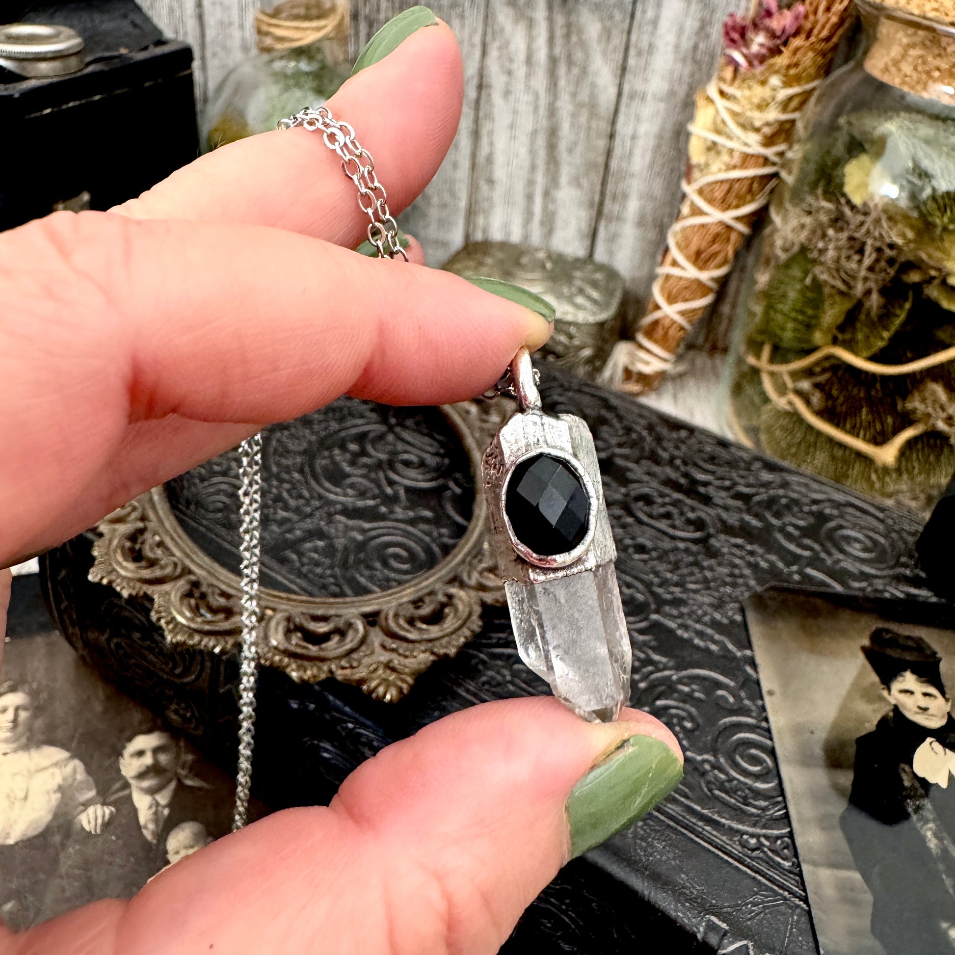 Raw Clear Quartz & Black Onyx Crystal Statement Necklace in Fine Silver / Foxlark Collection - One of a Kind FOXLARK