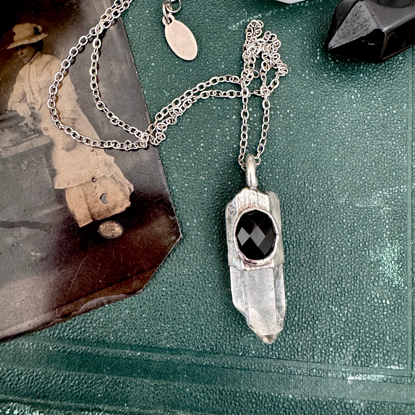 Raw Clear Quartz & Black Onyx Crystal Statement Necklace in Fine Silver / Foxlark Collection - One of a Kind FOXLARK