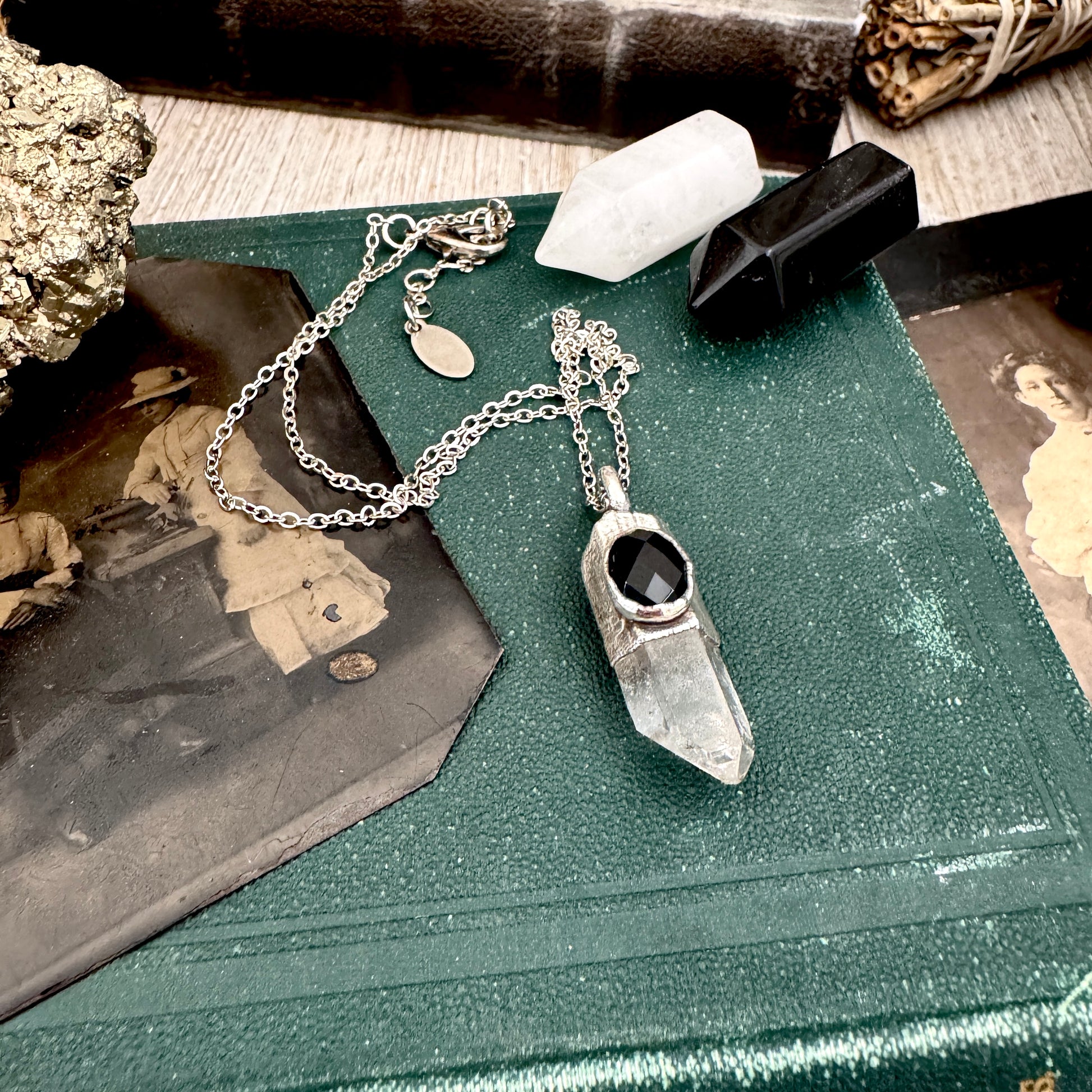 Raw Clear Quartz & Black Onyx Crystal Statement Necklace in Fine Silver / Foxlark Collection - One of a Kind FOXLARK