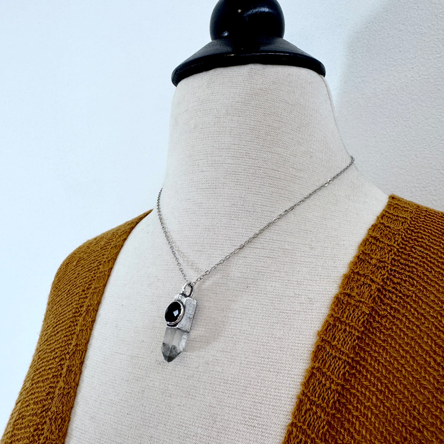 Raw Clear Quartz & Black Onyx Crystal Statement Necklace in Fine Silver / Foxlark Collection - One of a Kind FOXLARK