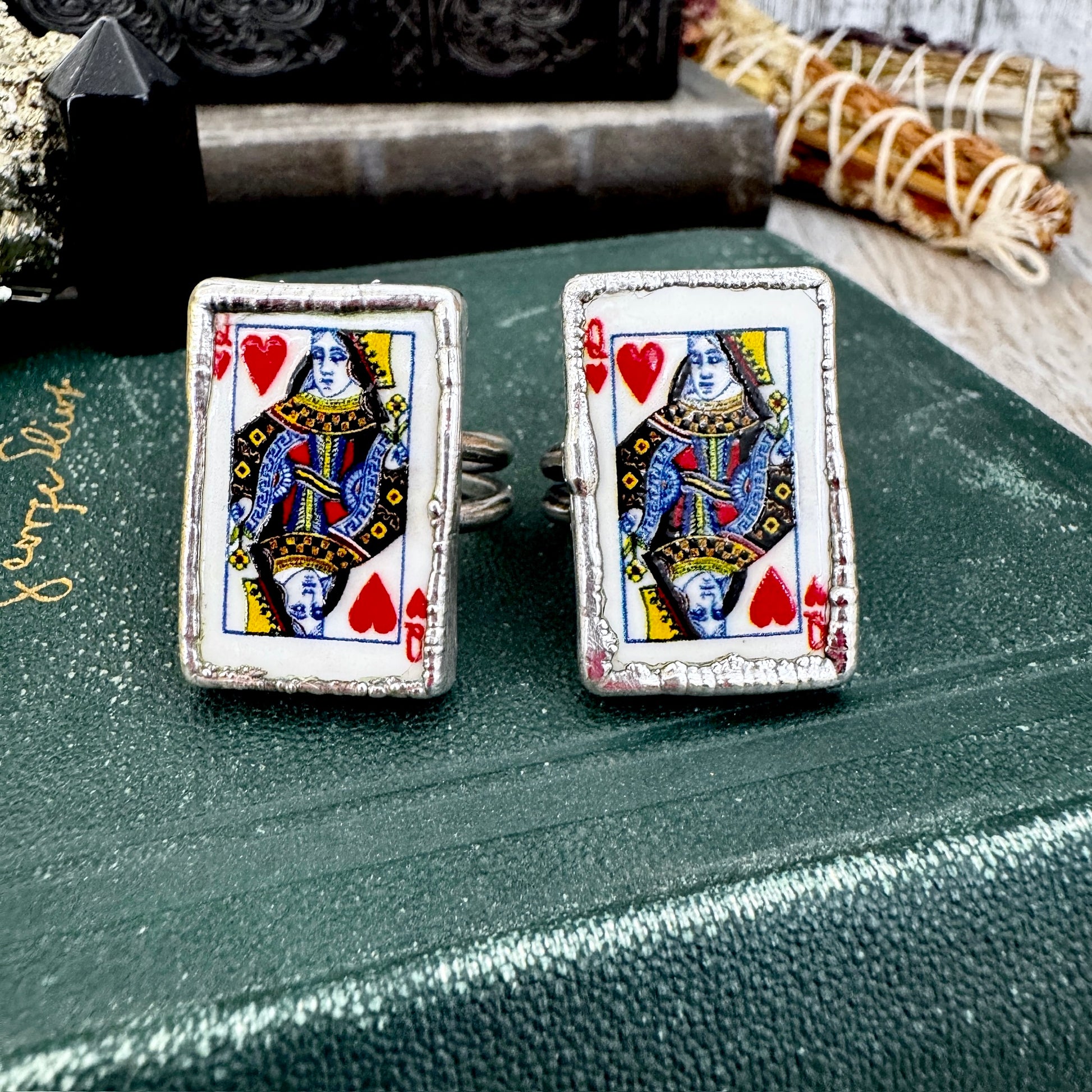 Playing Games - Queen Of Hearts Playing Card Ring Fine Silver Size 9 11 / One of a Kind FOXLARK