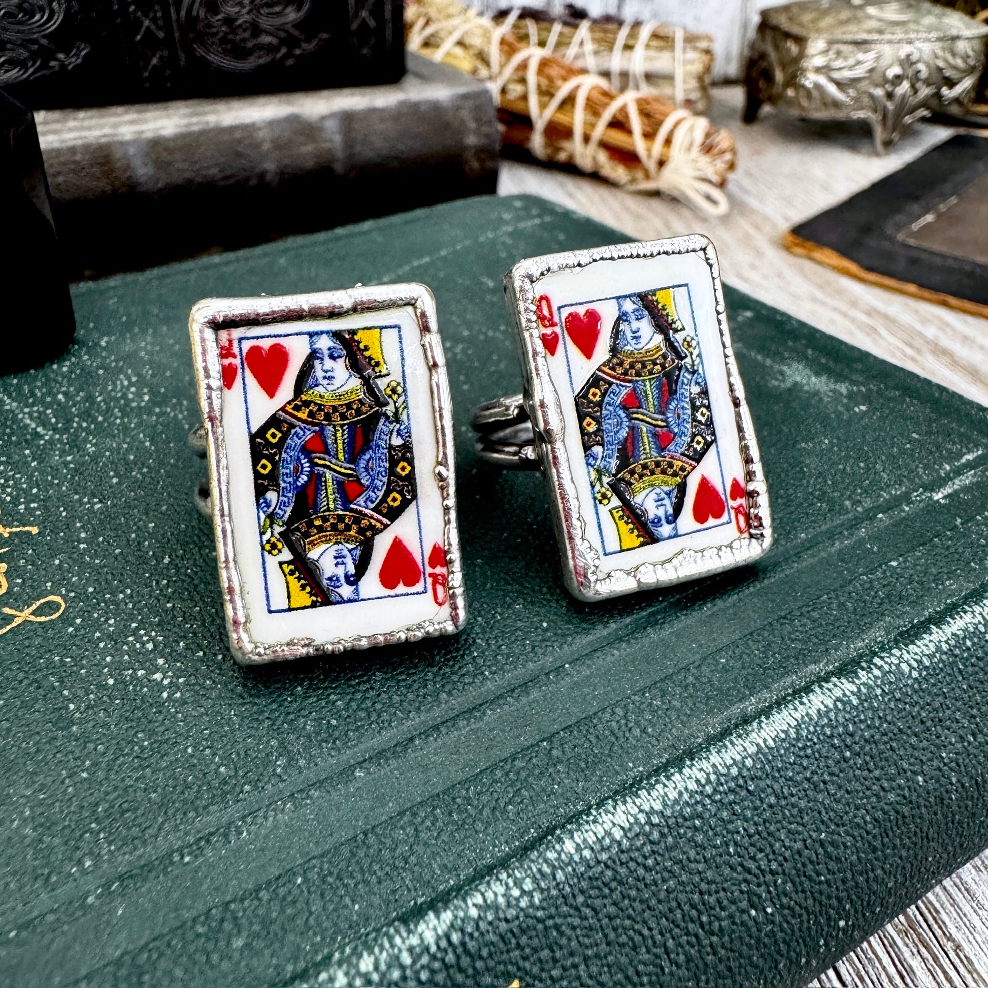 Playing Games - Queen Of Hearts Playing Card Ring Fine Silver Size 9 11 / One of a Kind FOXLARK