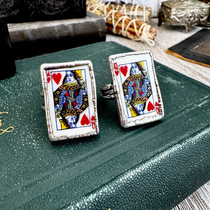 Playing Games - Queen Of Hearts Playing Card Ring Fine Silver Size 9 11 / One of a Kind FOXLARK