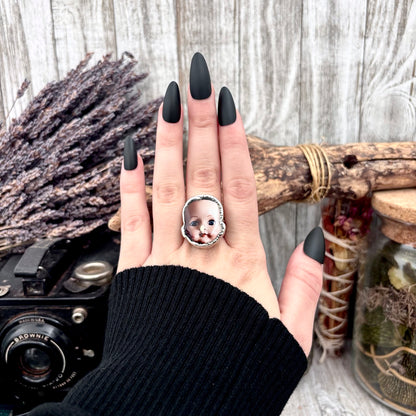 The Weirdlings - Printed Wooden Cabochon (resin sealed) Ring Fine Silver Size 9 / One of a Kind