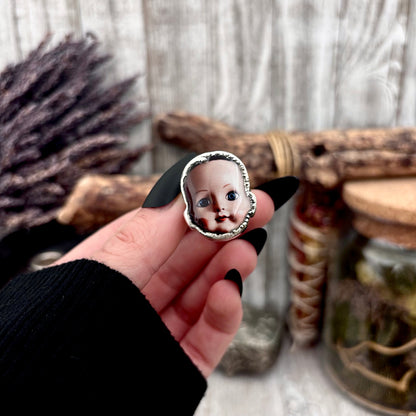 The Weirdlings - Printed Wooden Cabochon (resin sealed) Ring Fine Silver Size 9 / One of a Kind