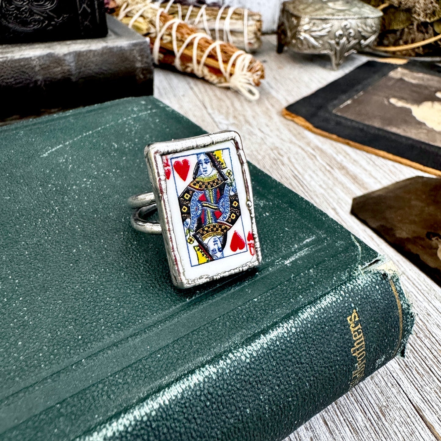 Playing Games - Queen Of Hearts Playing Card Ring Fine Silver Size 9 11 / One of a Kind FOXLARK