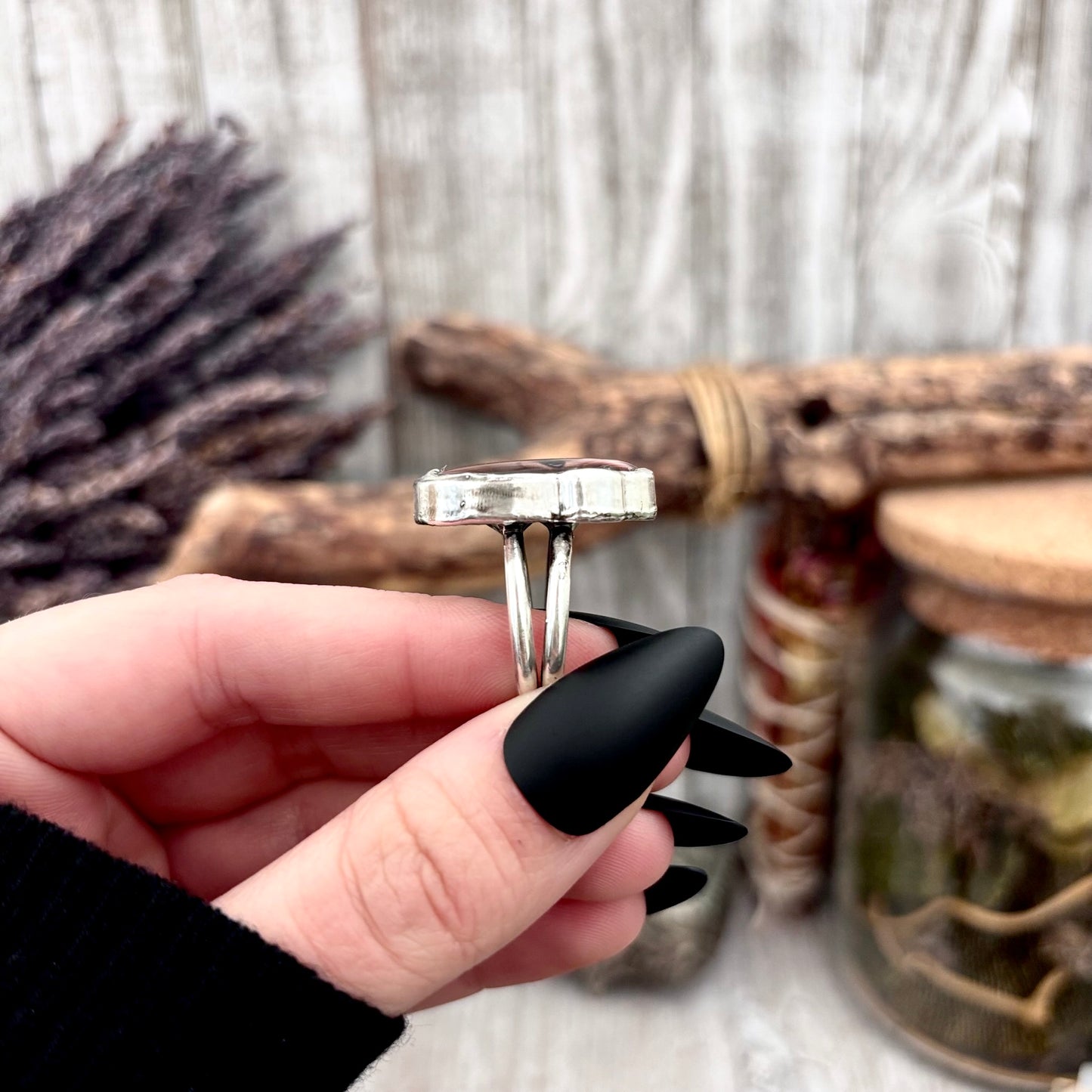 The Weirdlings - Printed Wooden Cabochon (resin sealed) Ring Fine Silver Size 9 / One of a Kind