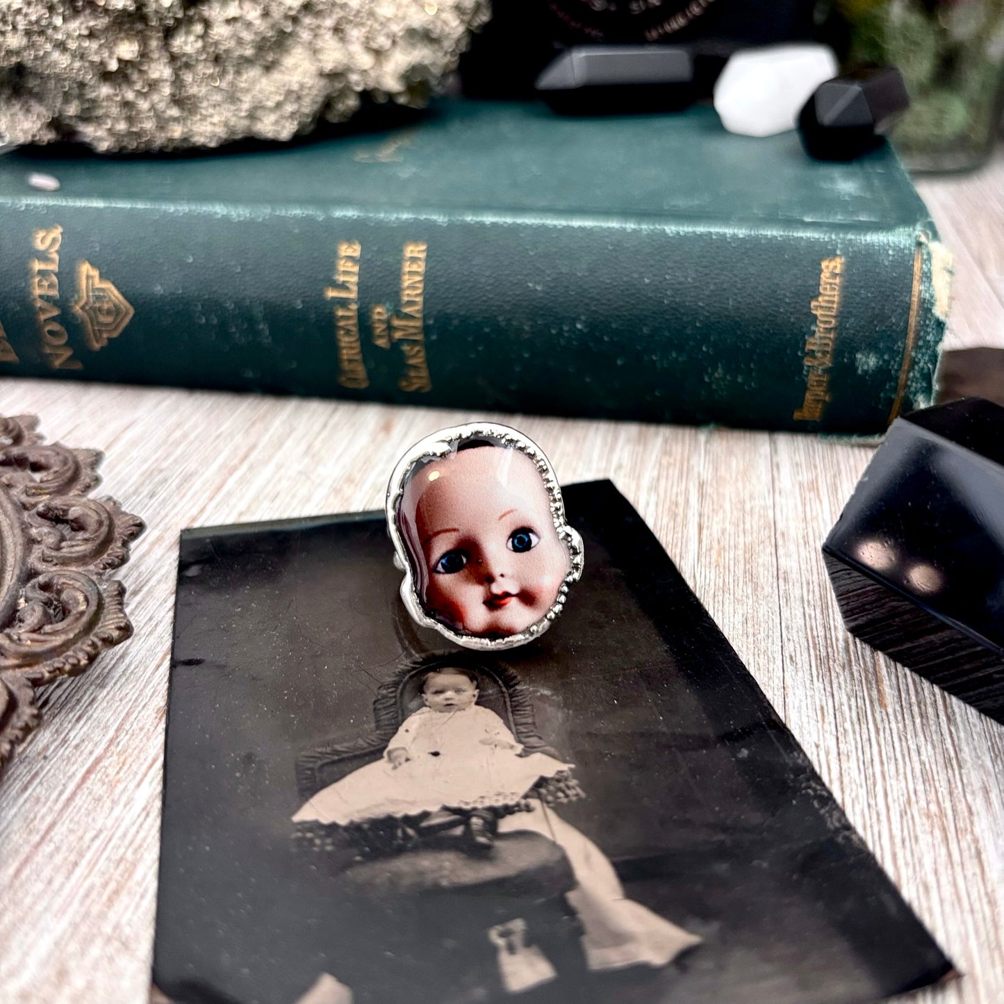 The Weirdlings - Printed Wooden Cabochon (resin sealed) Ring Fine Silver Size 9 / One of a Kind