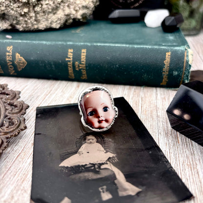 The Weirdlings - Printed Wooden Cabochon (resin sealed) Ring Fine Silver Size 9 / One of a Kind