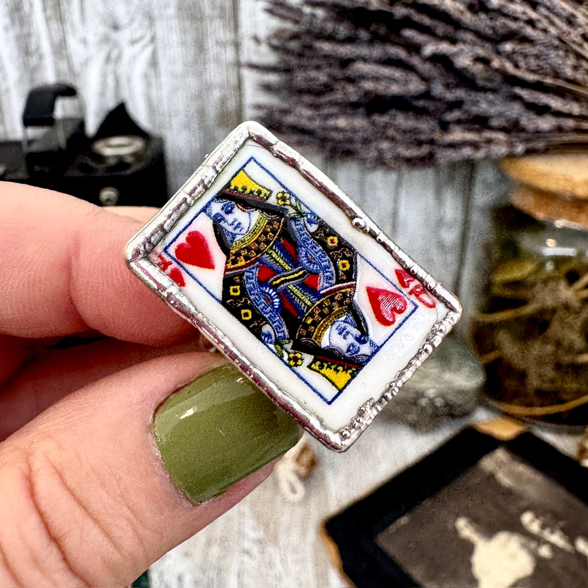 Playing Games - Queen Of Hearts Playing Card Ring Fine Silver Size 9 11 / One of a Kind FOXLARK
