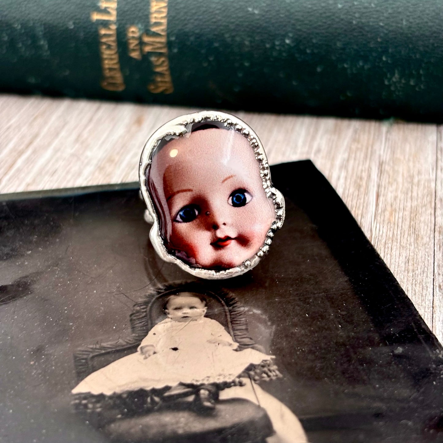 The Weirdlings - Printed Wooden Cabochon (resin sealed) Ring Fine Silver Size 9 / One of a Kind