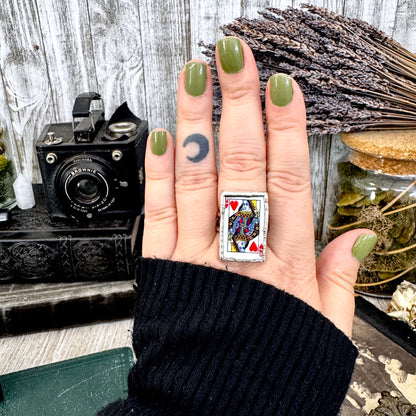 Playing Games - Queen Of Hearts Playing Card Ring Fine Silver Size 9 11 / One of a Kind FOXLARK