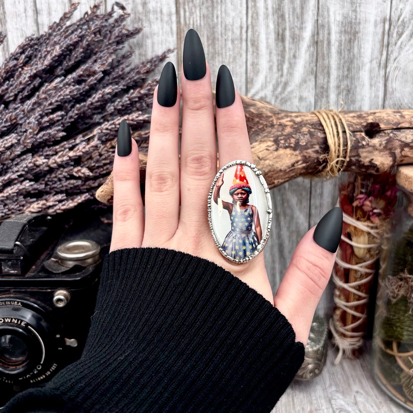 The Weirdlings - Printed Wooden Cabochon (resin sealed) Ring Fine Silver Size 7.5 / One of a Kind