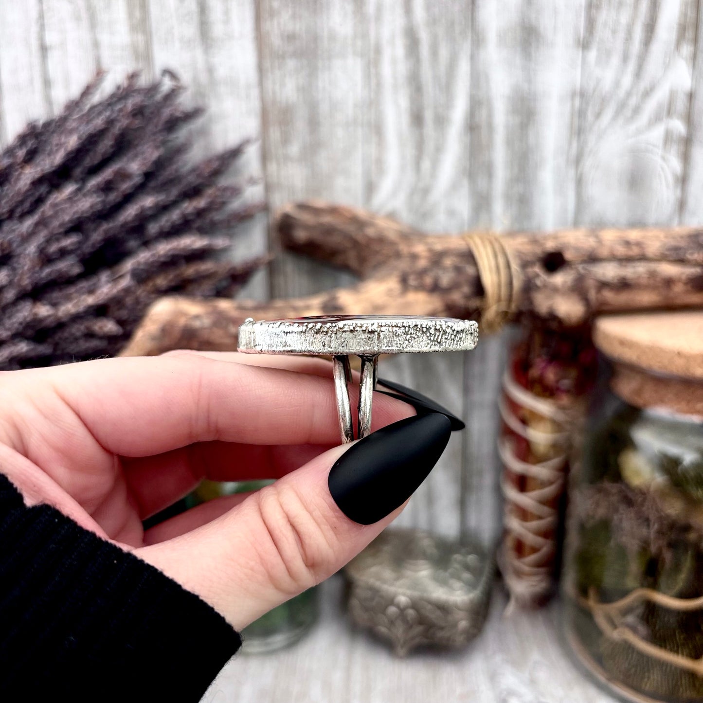 The Weirdlings - Printed Wooden Cabochon (resin sealed) Ring Fine Silver Size 7.5 / One of a Kind