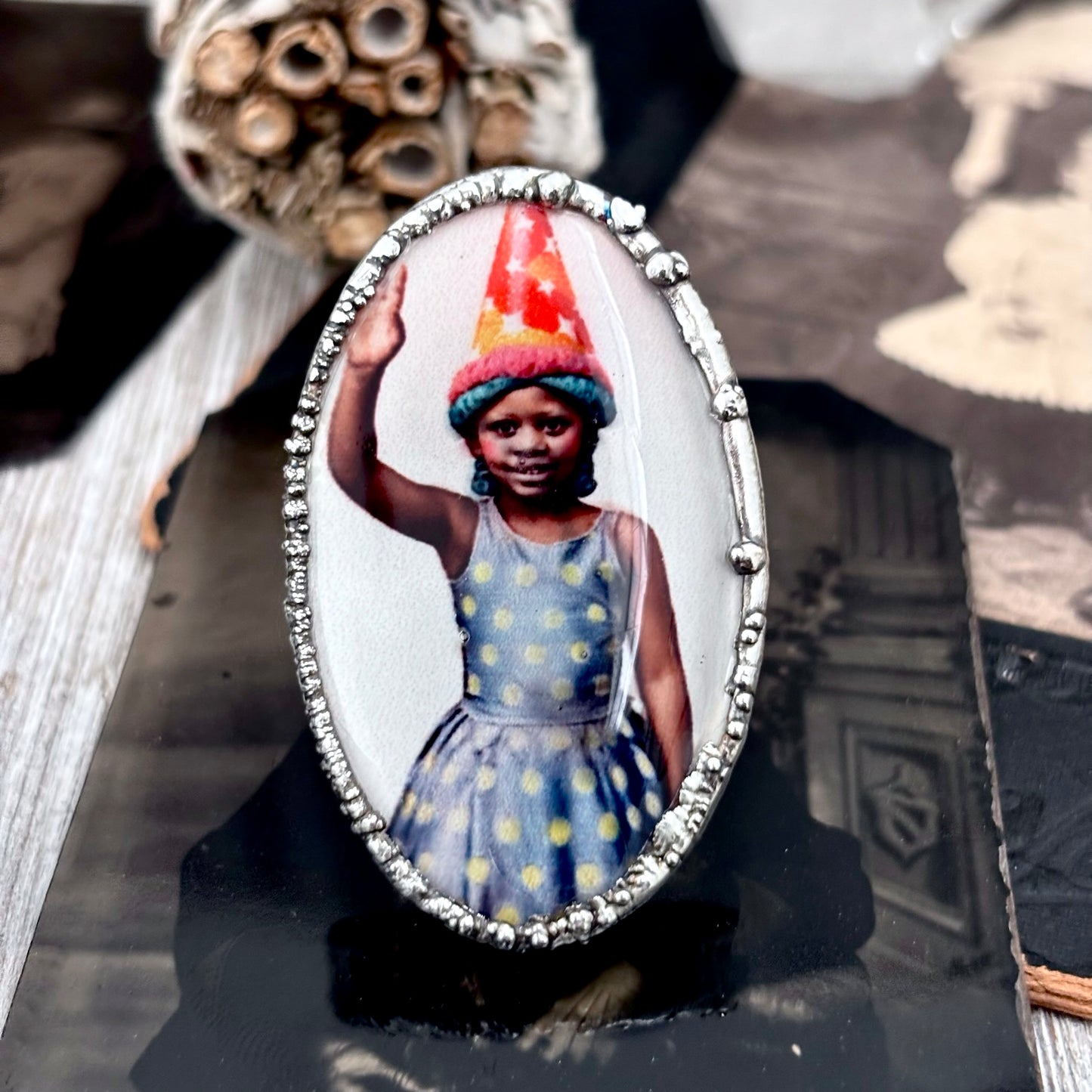 The Weirdlings - Printed Wooden Cabochon (resin sealed) Ring Fine Silver Size 7.5 / One of a Kind