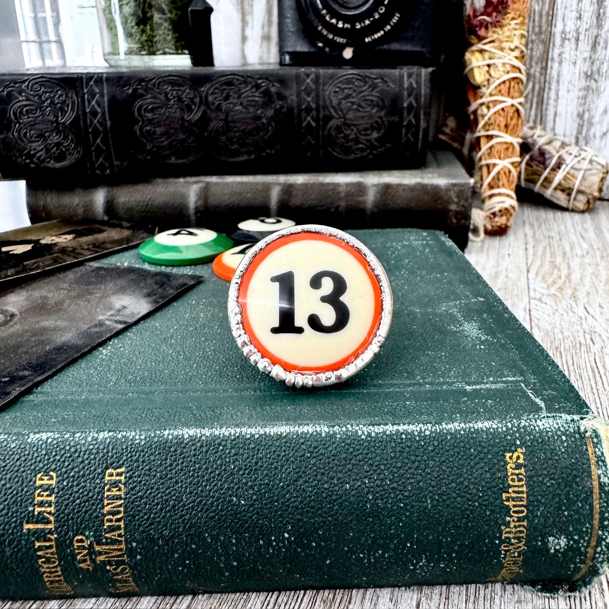 Playing Games - #13 Vintage Pool Ball Ring Fine Silver Size 10 / One of a Kind FOXLARK