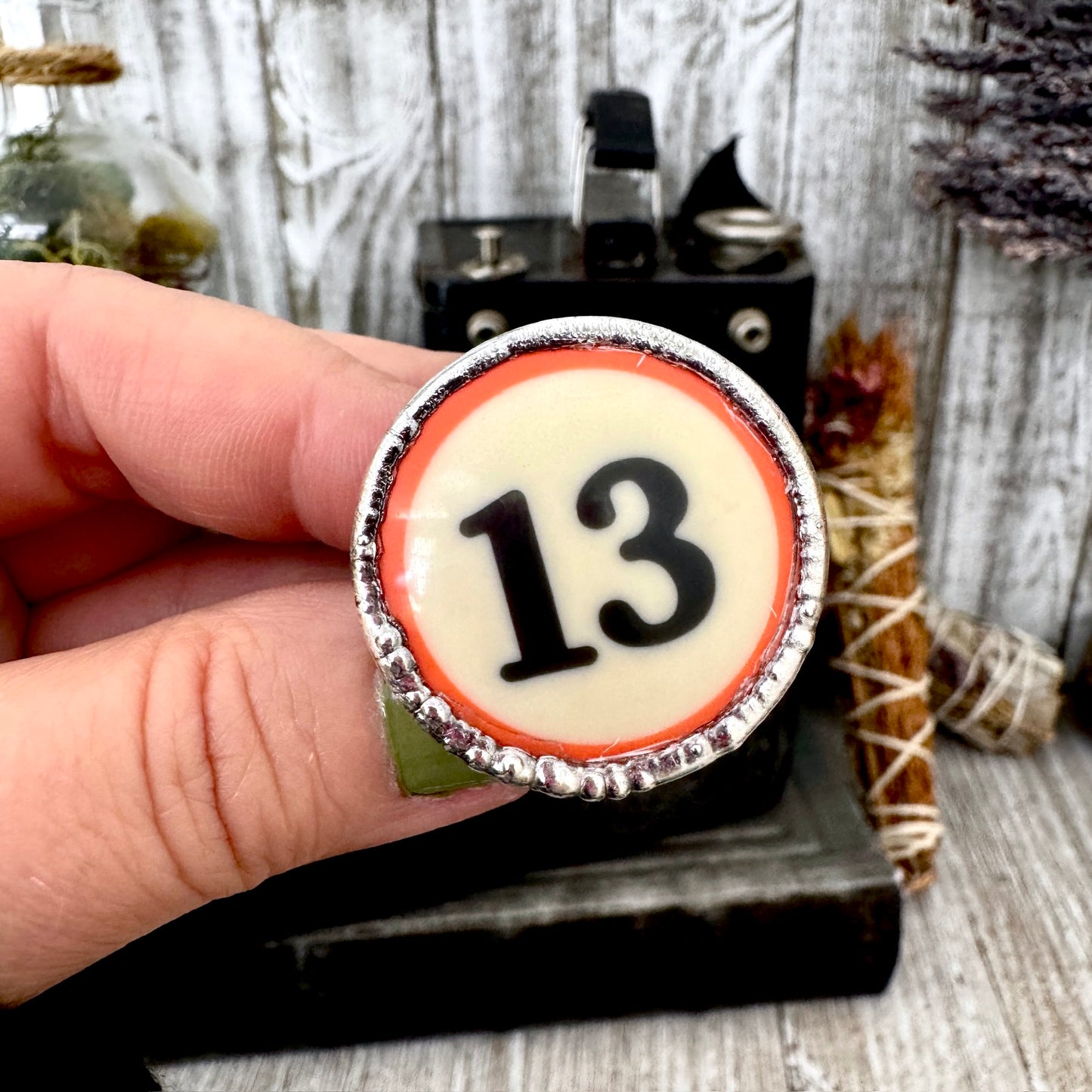 Playing Games - #13 Vintage Pool Ball Ring Fine Silver Size 10 / One of a Kind FOXLARK