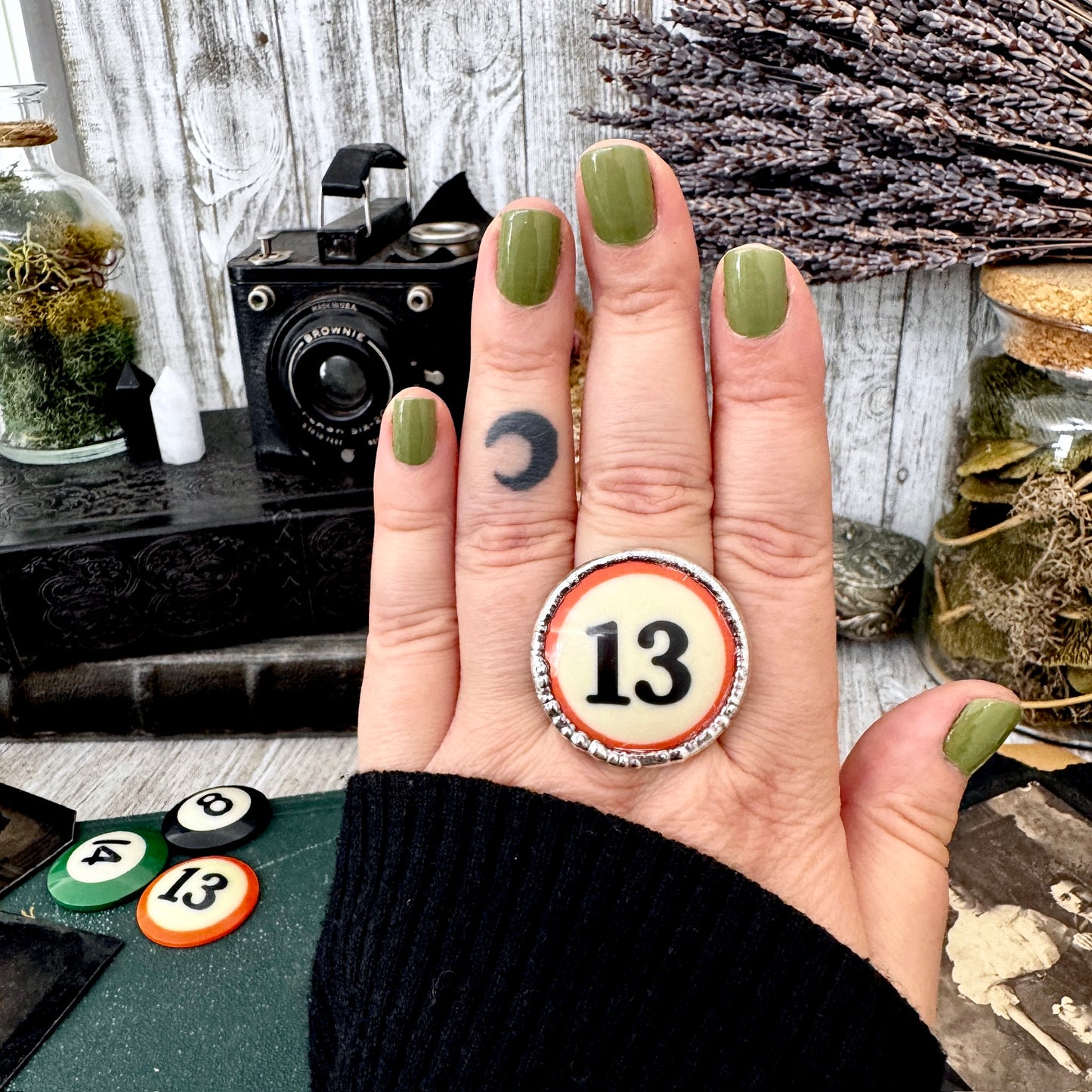 Playing Games - #13 Vintage Pool Ball Ring Fine Silver Size 10 / One of a Kind FOXLARK