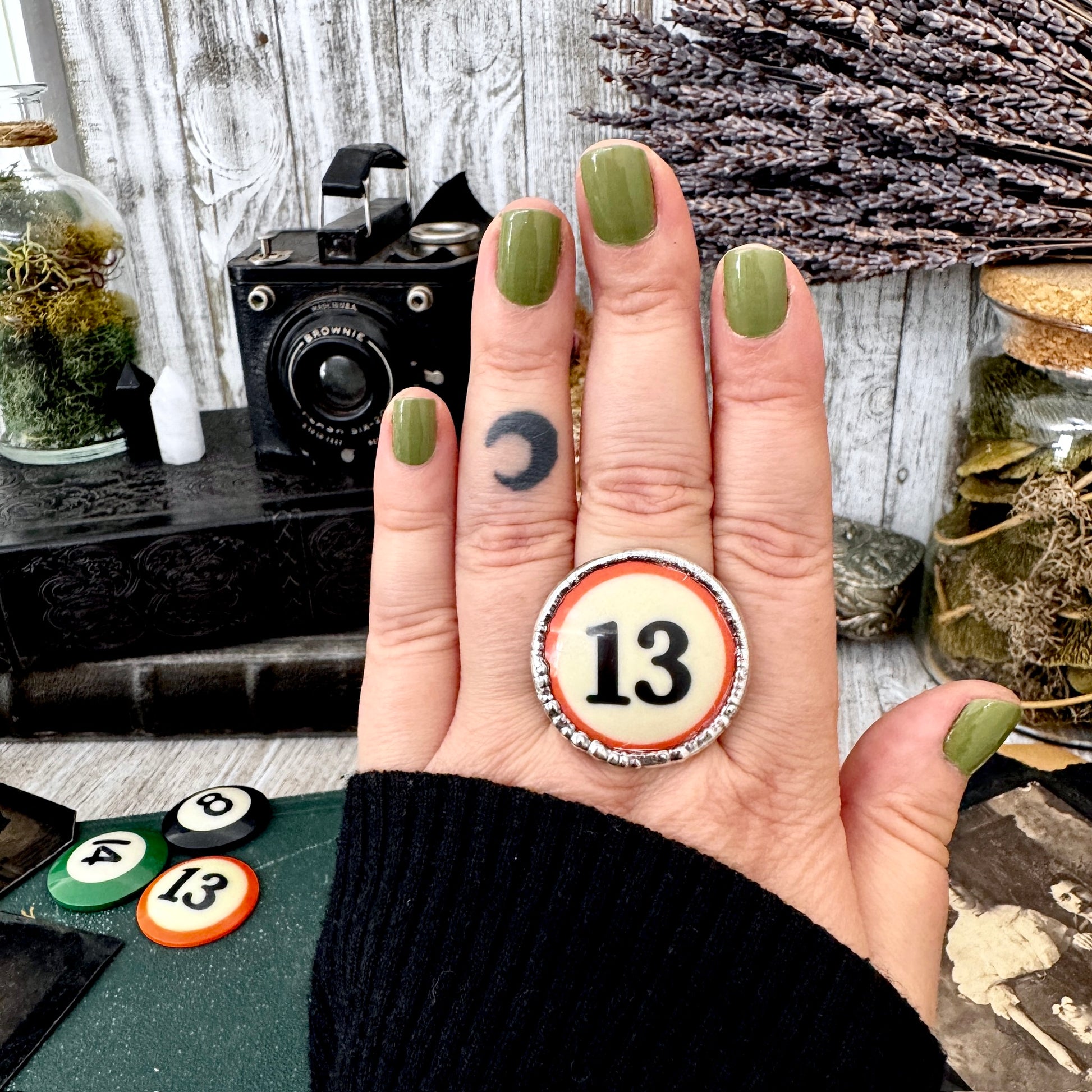 Playing Games - #13 Vintage Pool Ball Ring Fine Silver Size 10 / One of a Kind FOXLARK