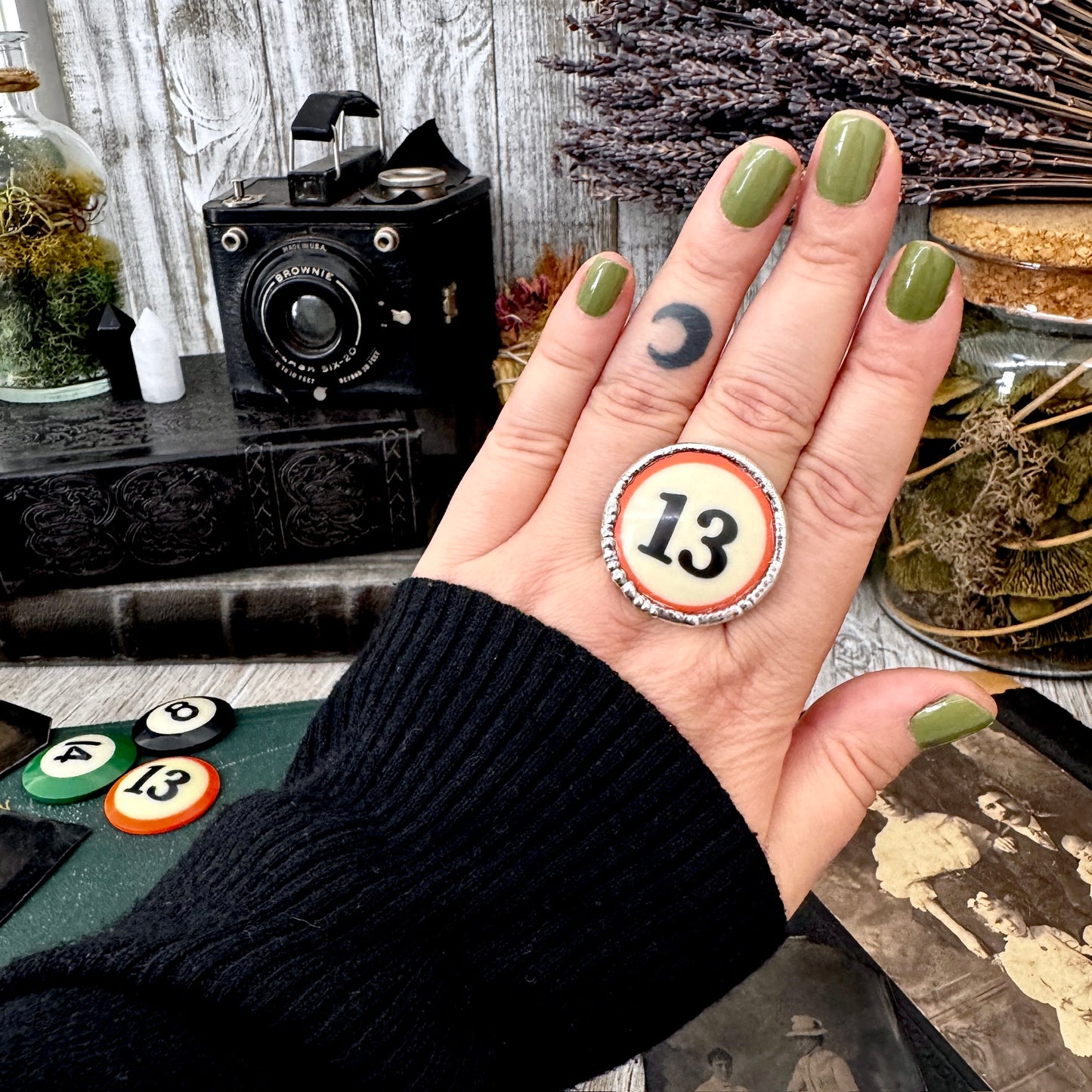 Playing Games - #13 Vintage Pool Ball Ring Fine Silver Size 10 / One of a Kind FOXLARK