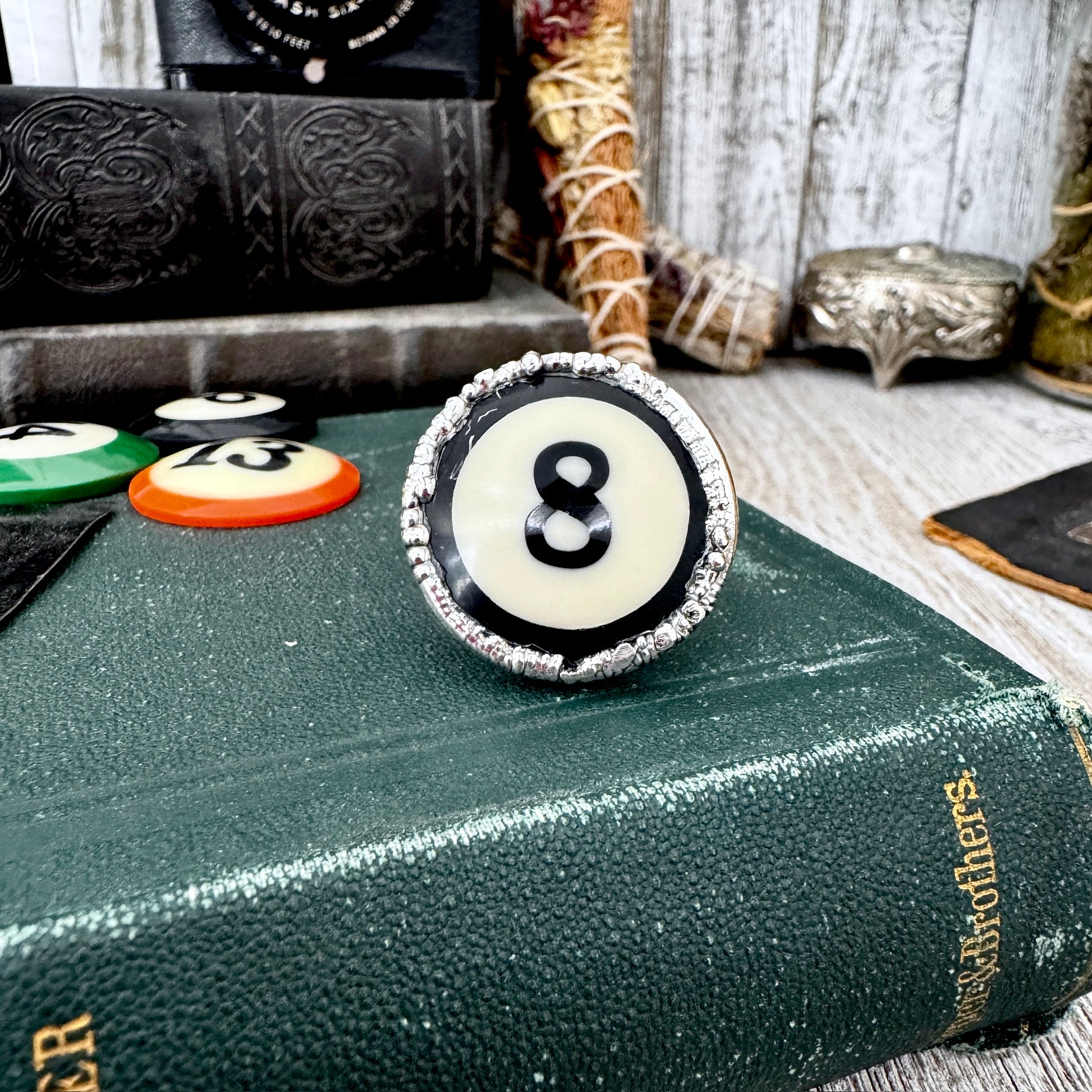 Playing Games - #8 Vintage Pool Ball Ring Fine Silver Size 10 / One of a Kind FOXLARK