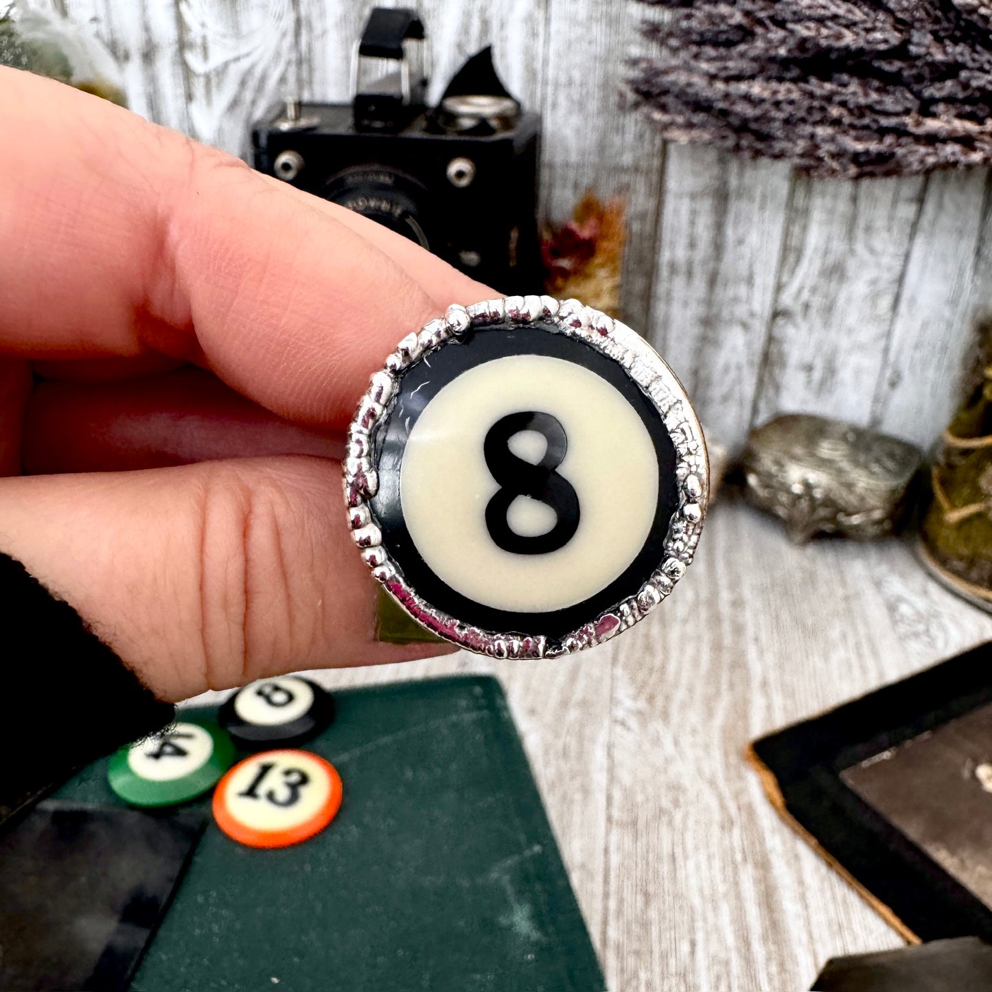 Playing Games - #8 Vintage Pool Ball Ring Fine Silver Size 10 / One of a Kind FOXLARK