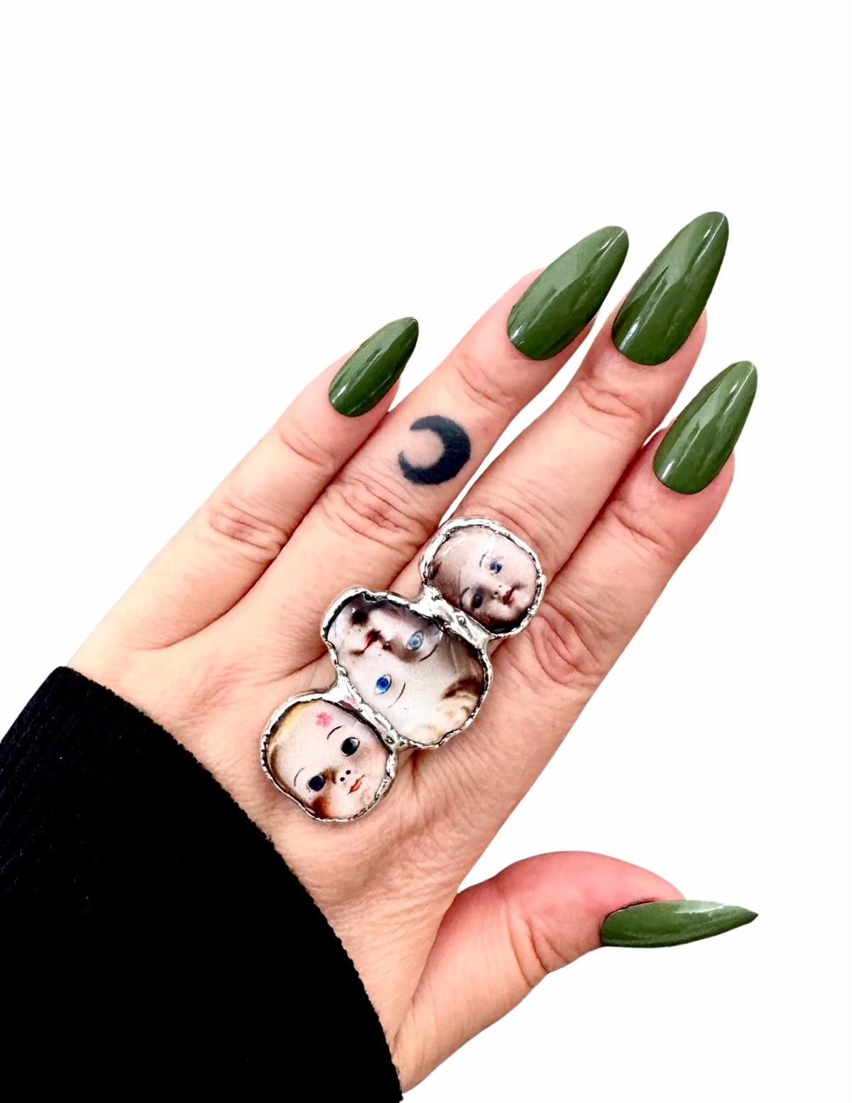 three's company doll head statement ring, fine silver, size 9