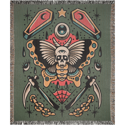Death Moth Traditional Tattoo Style Woven Fringe Blanket / / Wall tapestry or throw for sofa, maximalist decor,  tattoo home decor