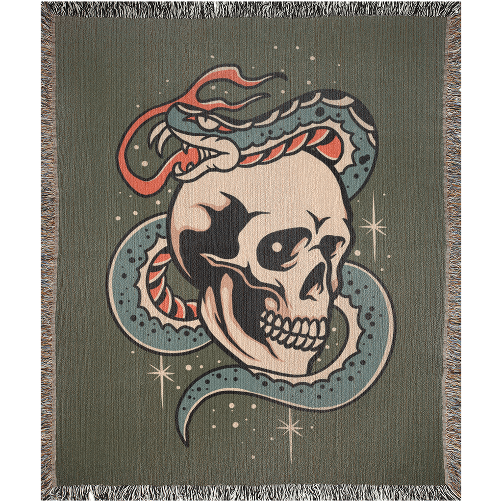 Skull and Snake Traditional Tattoo Style Woven Blanket - Foxlark Crystal Jewelry