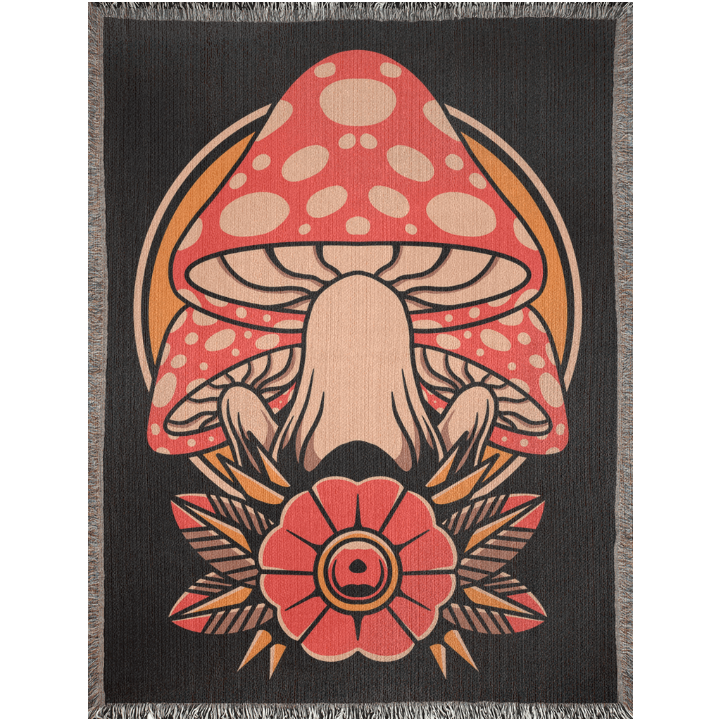 Mushroom Traditional Tattoo Style - Woven Blanket.