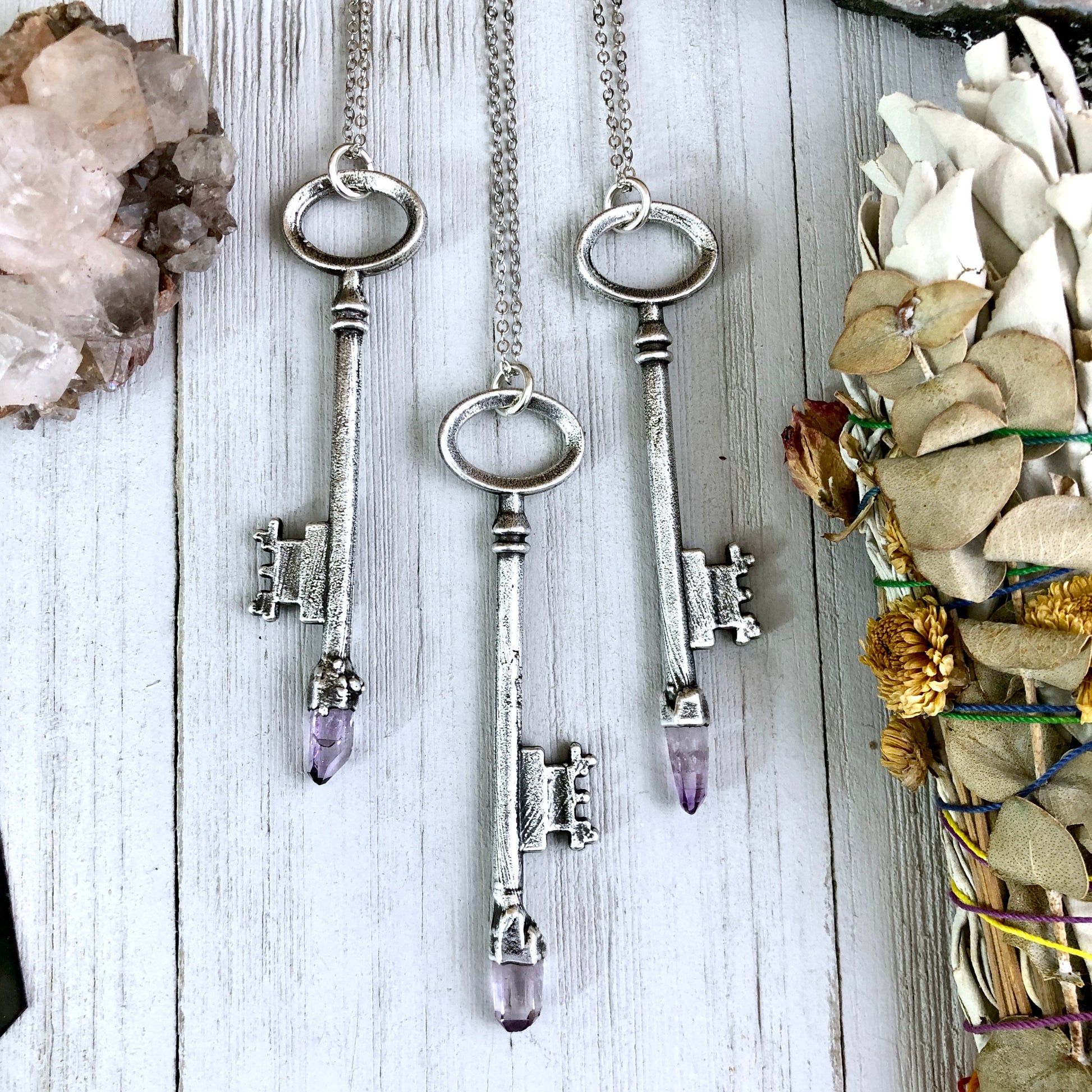 Raw Vera Cruz Amethyst Crystal Vintage Skeleton Key Necklace Pendant in Fine Silver / Foxlark Collection - One of a Kind
