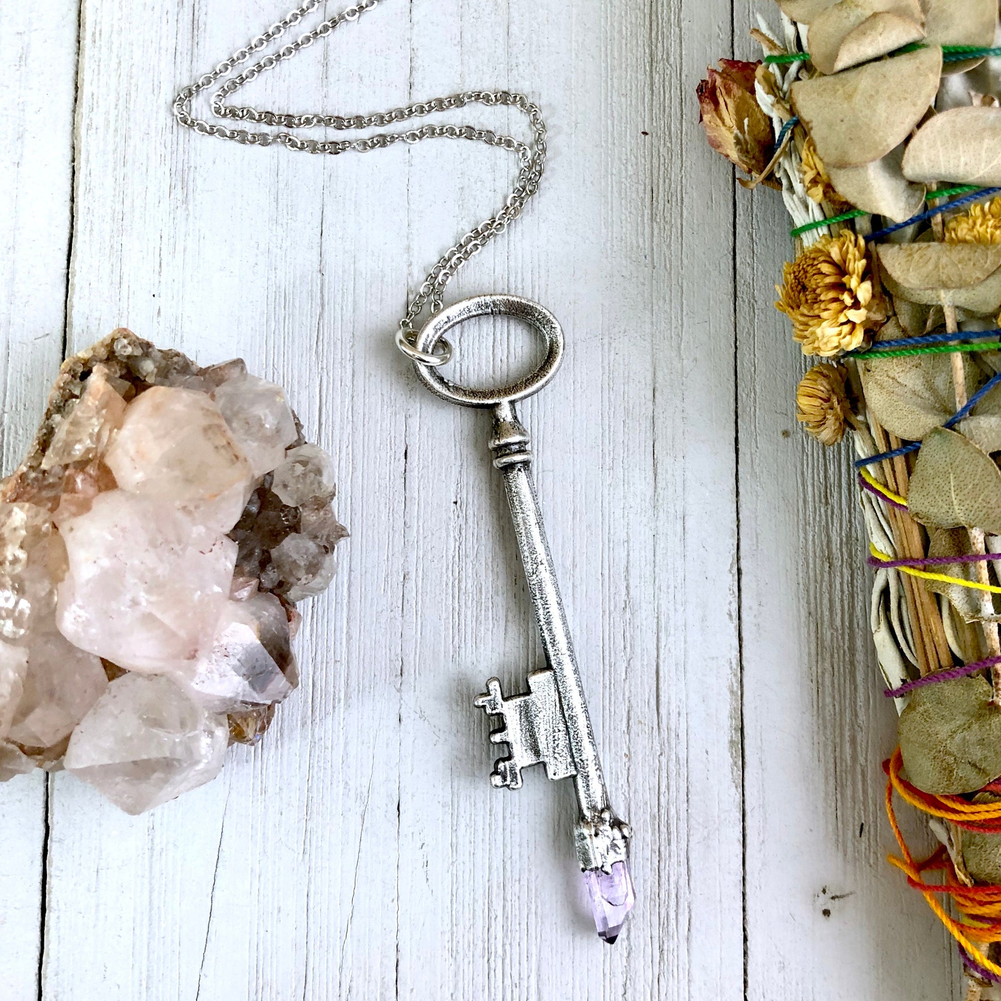 Raw Amethyst Crystal Vintage Skeleton Key Necklace Pendant in Fine Sil –  Foxlark Crystal Jewelry