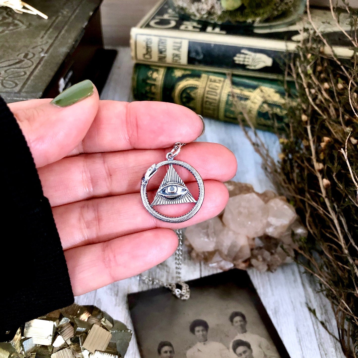 Tiny Talisman Collection - Sterling Silver All Seeing Eye and Ouroboros Necklace Pendant 21x21mm /