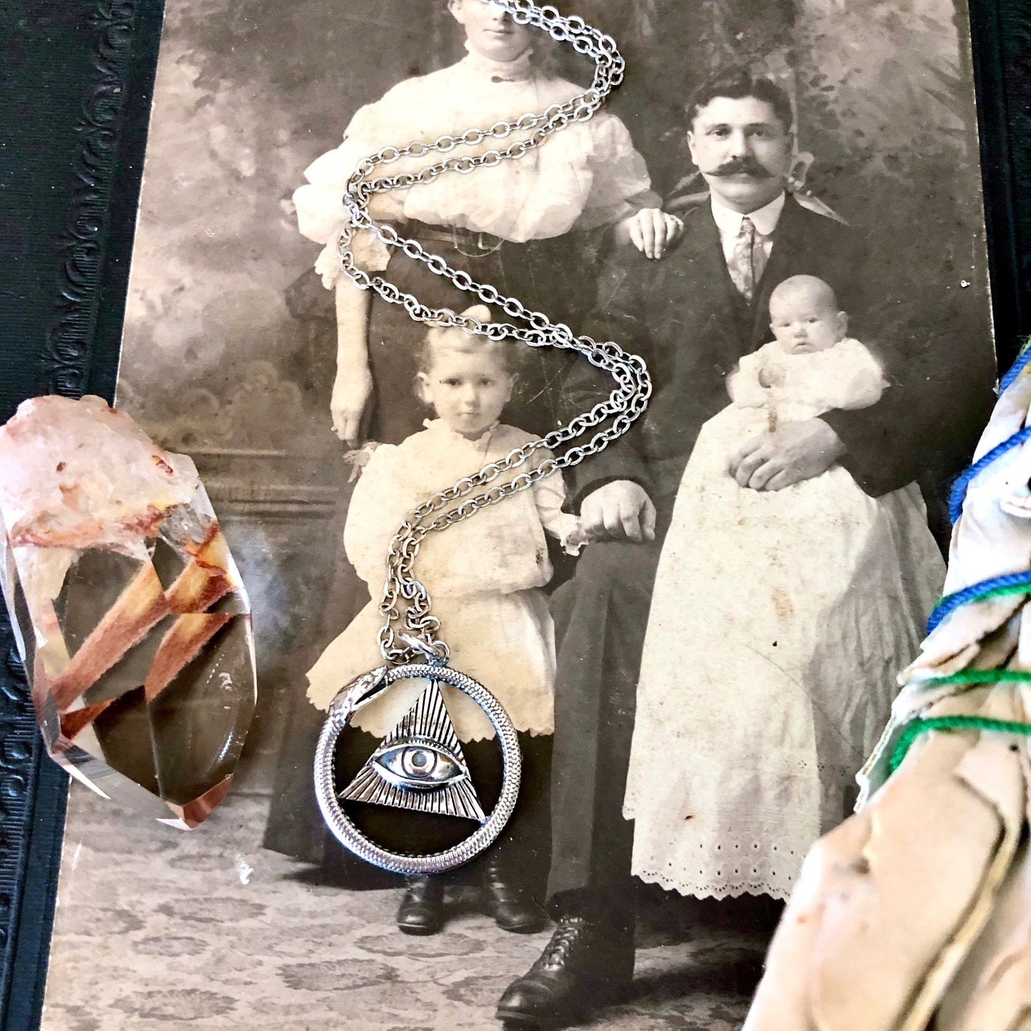 Tiny Talisman Collection - Sterling Silver All Seeing Eye and Ouroboros Necklace Pendant 21x21mm /