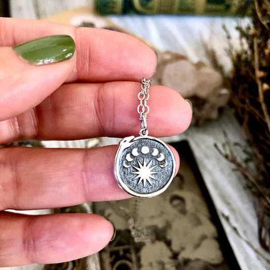 Tiny Talisman Collection - Sterling Silver Silver Ouroboros Snake. with Moon Phases Necklace Pendant 15mm /