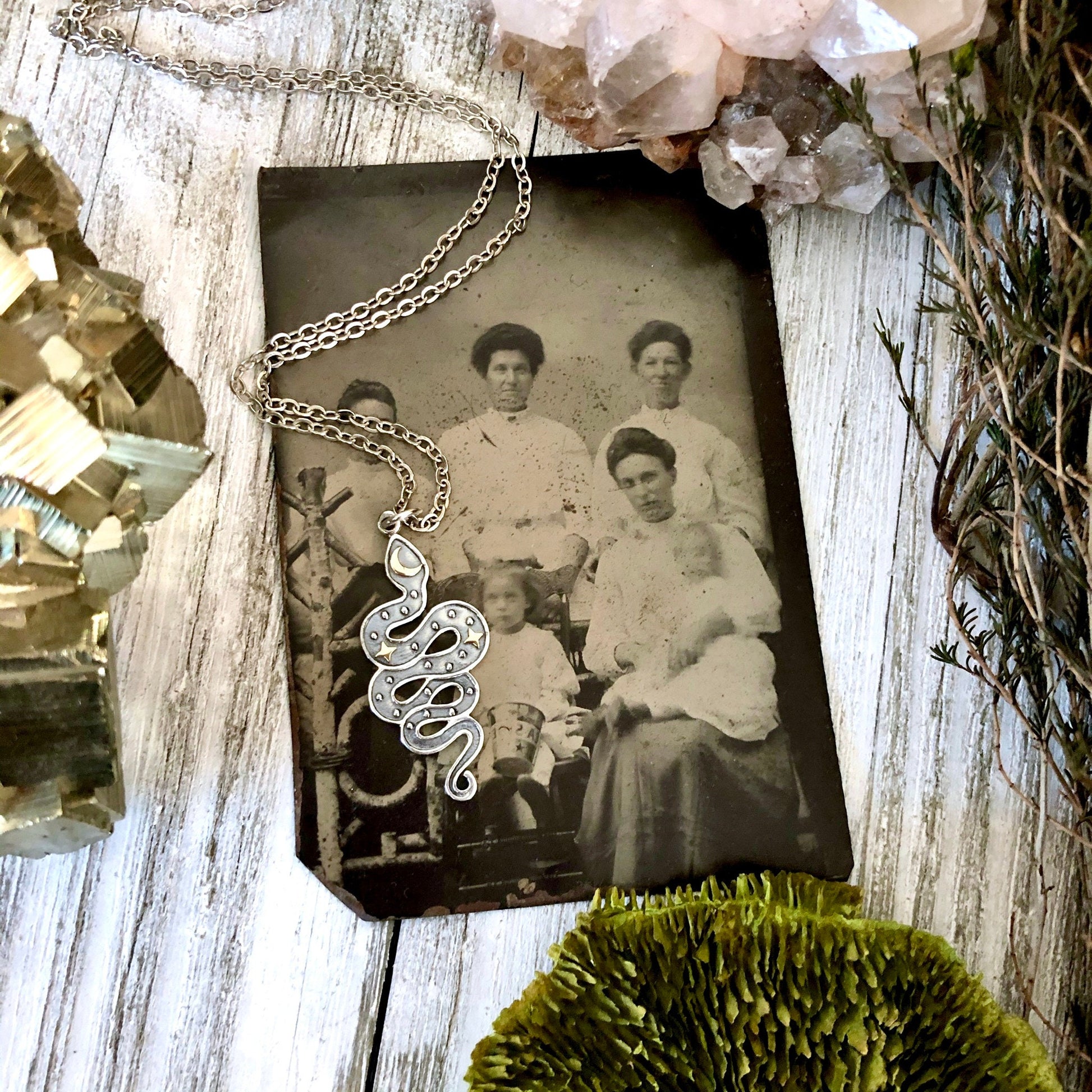 Tiny Talisman Collection - Sterling Silver Snake Pendant with Bronze Moon and Stars 33x15mm /