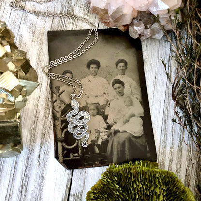 Tiny Talisman Collection - Sterling Silver Snake Pendant with Bronze Moon and Stars 33x15mm /