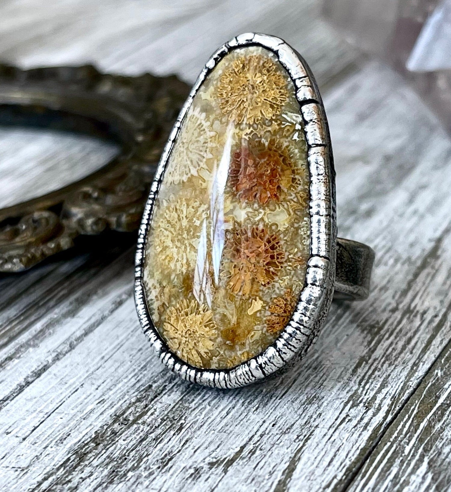 Size 7.5 Fossilized Coral Silver Statement Ring in Fine Silver / Foxlark Collection - One of a Kind