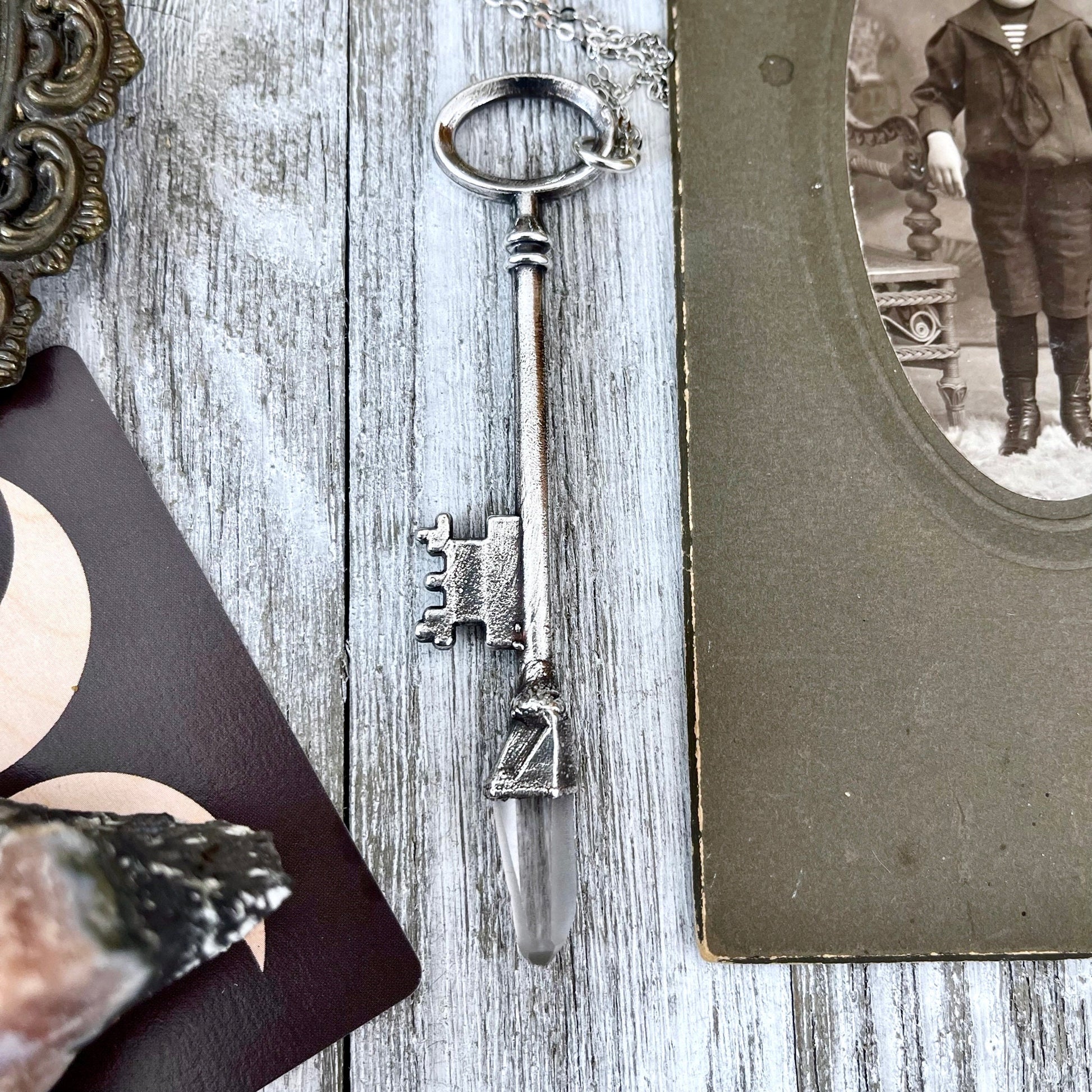 Raw Clear Quartz Crystal Vintage Skeleton Key Necklace Pendant in Fine Silver / Foxlark Collection - One of a Kind