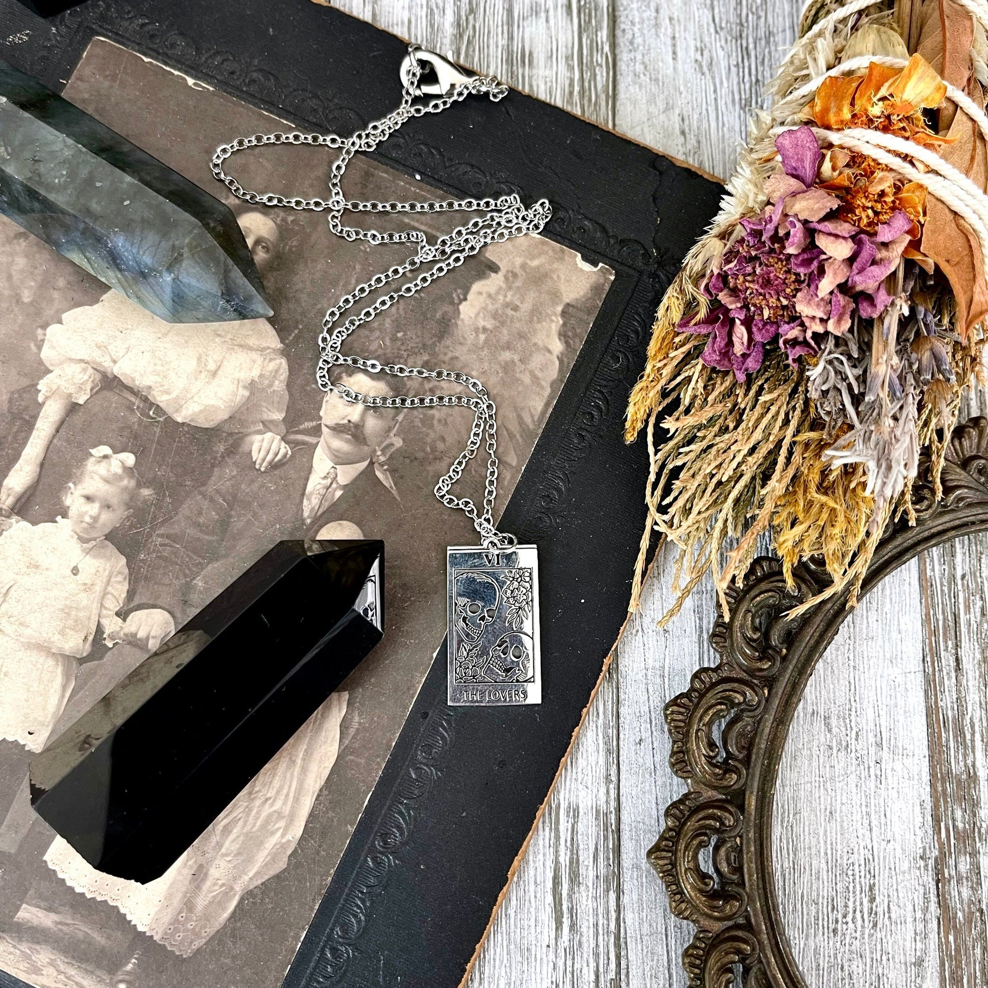 Tiny Talisman Collection - Sterling Silver Tarot Cart The Lovers Skull Necklace Charm 24x15mm /