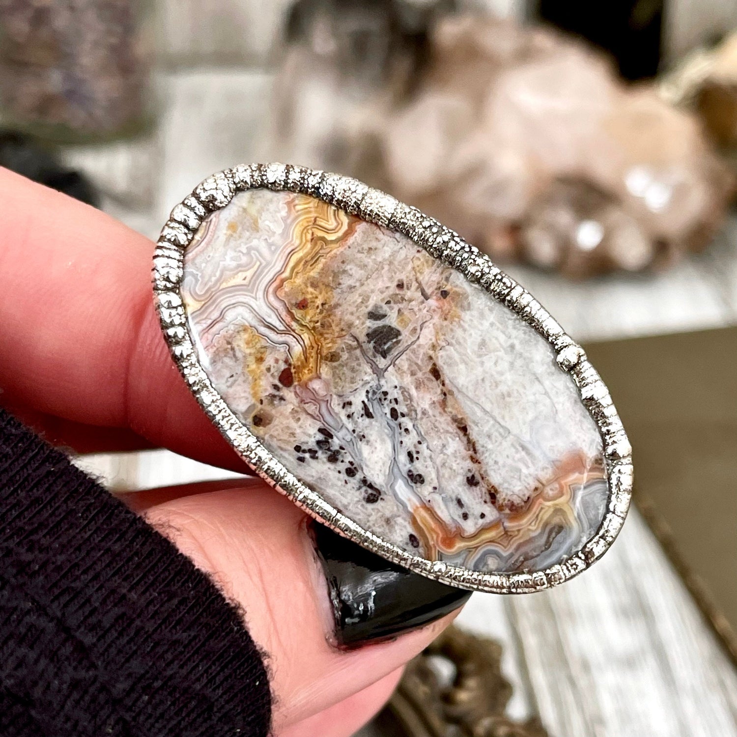 Size 7.5 Silver Natural Fancy Lace Agate Crystal Statement Ring / Foxlark Collection - One of a Kind