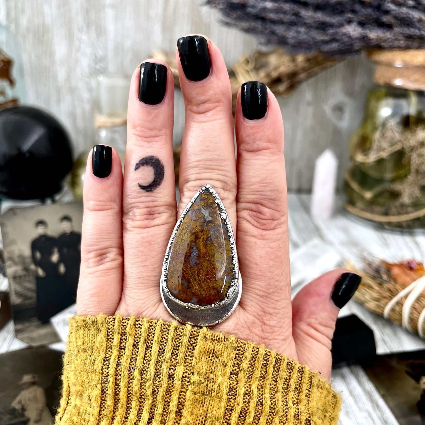 Size 9.5 Silver Natural Fancy Moss Agate Crystal Statement Ring / Foxlark Collection - One of a Kind