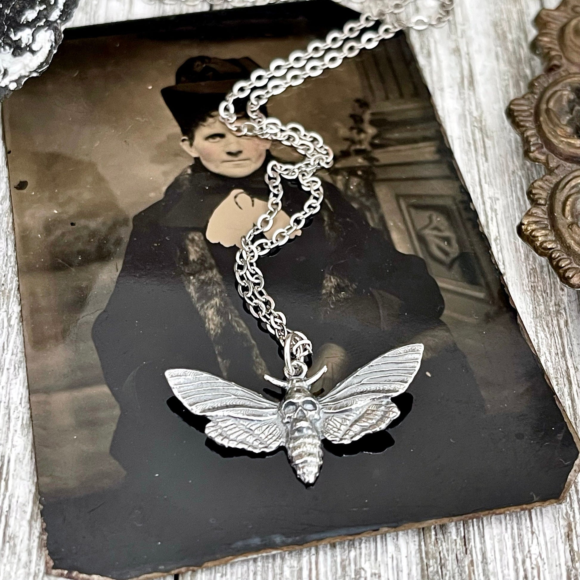 Tiny Talisman Collection - Sterling Silver Deaths Head Moth Pendant with Skull 19x30mm / Curated by FOXLARK Collection 925