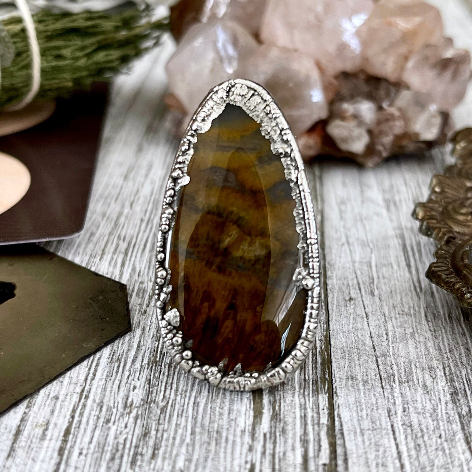 Size 7 Lion Skin Quartz Large Crystal Statement Ring in Fine Silver / Foxlark Collection - One of a Kind / Big Crystal Ring Witchy Jewelry