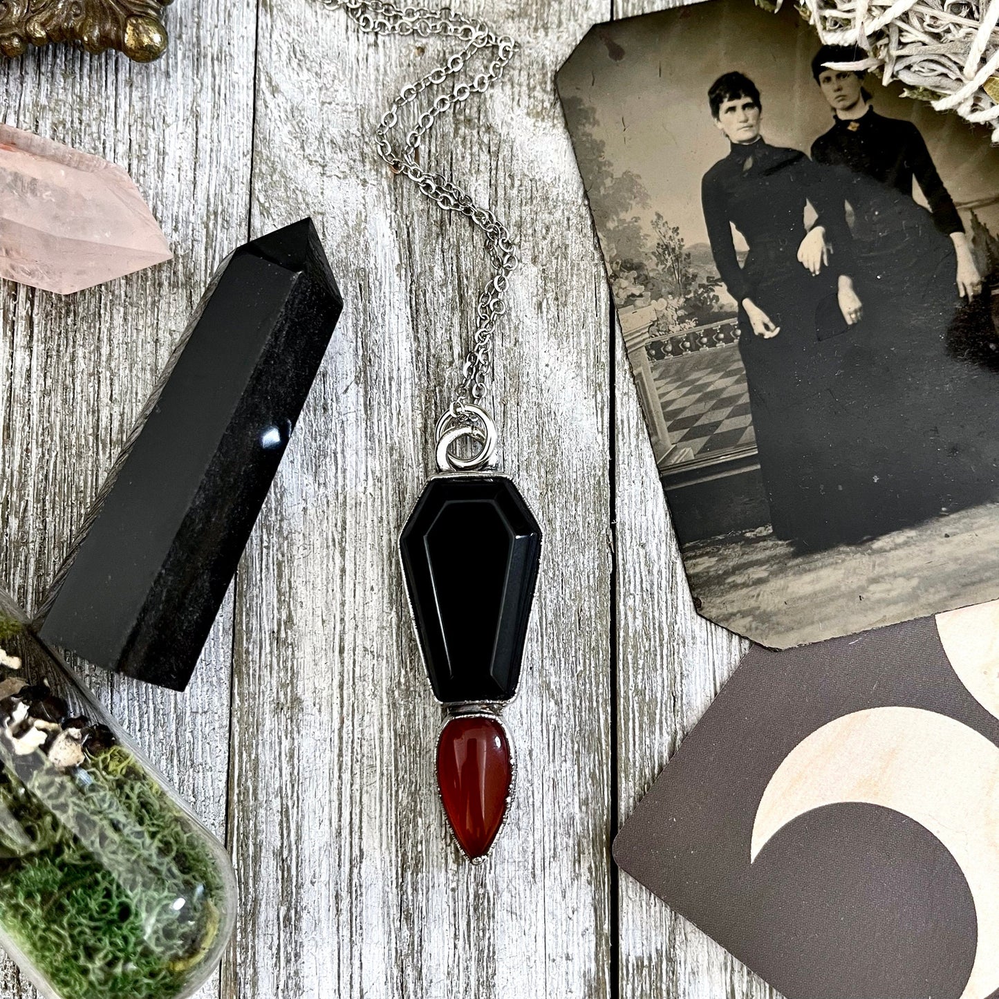 Crystal Coffin Black Onyx and Red Carnelian Necklace / Gothic Jewelry