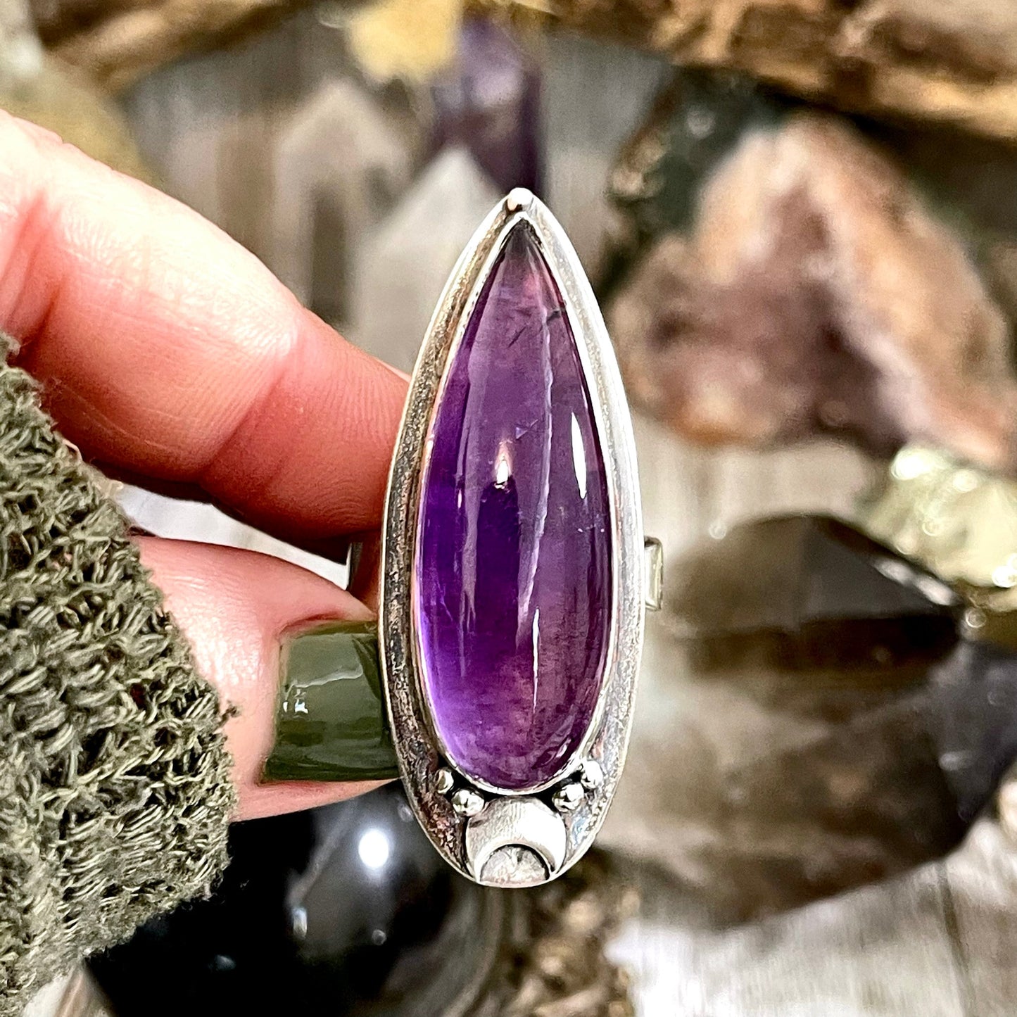 Purple Amethyst Ring Sterling Silver | Big Witchy Crystal Jewelry | Magic Moon | Adjustable Statement Ring 6-10 Gothic Gemstone Jewelry