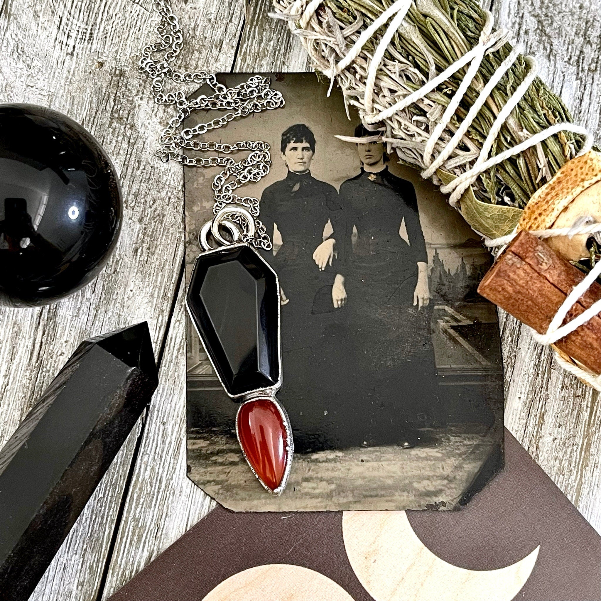 Crystal Coffin Black Onyx and Red Carnelian Necklace / Gothic